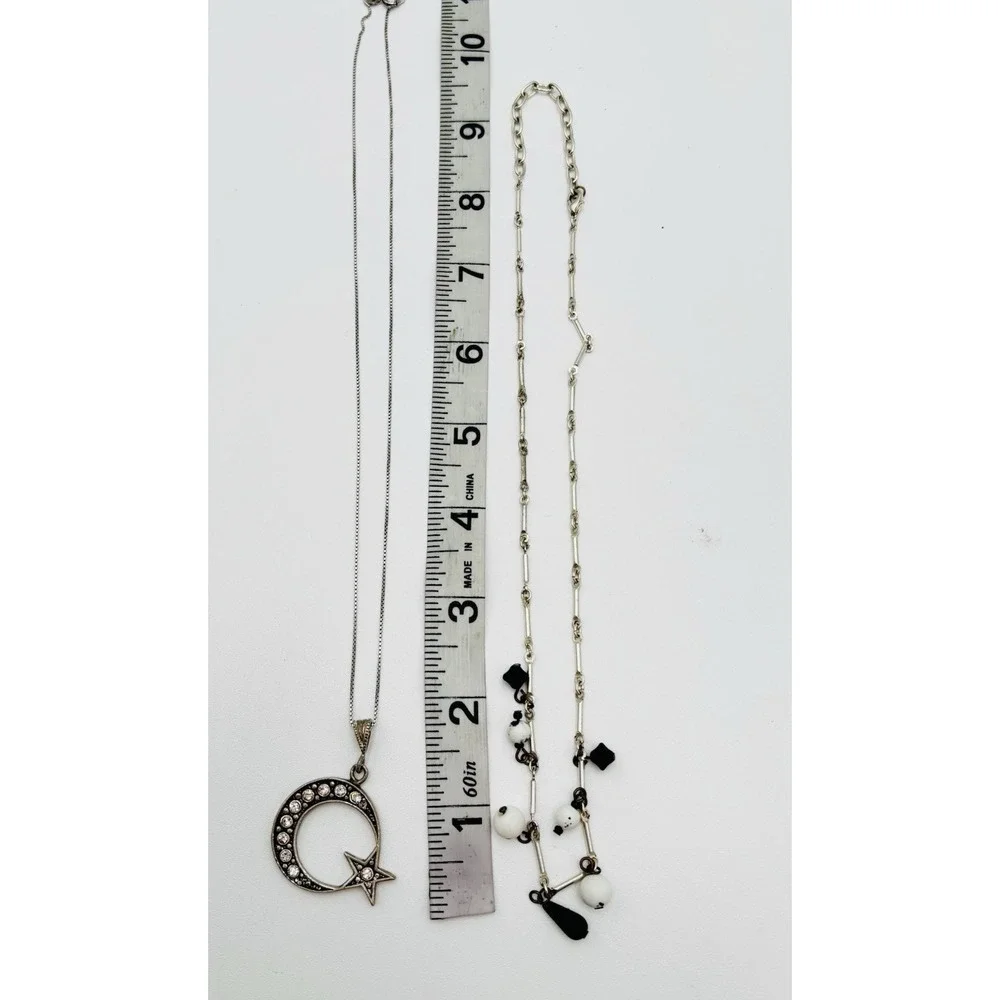 925 Sterling Silver Moon Star CZ Pendant Necklace + Layered Charm Chain‎ Set